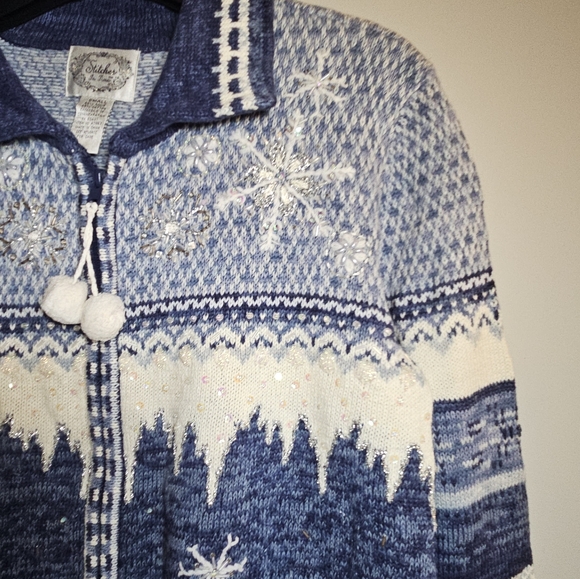 Snowflake Embellished Sequins Sweater Zip Cardigan Blue White Fairisle Winter - Picture 7 of 13